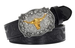 Bawnhaw Western Cowboy-Belts for 43.3&Prime; 30-34&Prime; waist, Black(carved-bull)