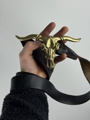 Leather Belt with Brass Longhorn Skull Buckle – Western Biker Rock Statement