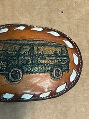 Used Hand Tooled Stitched Leather Tony Lama 1980’s Van Desert Motif Belt Buckle