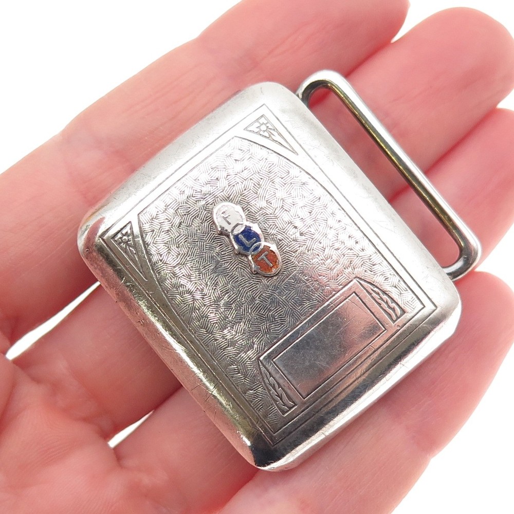 Hickok 925 Sterling Silver Antique Art Deco Enamel FLT Monogram Belt Buckle