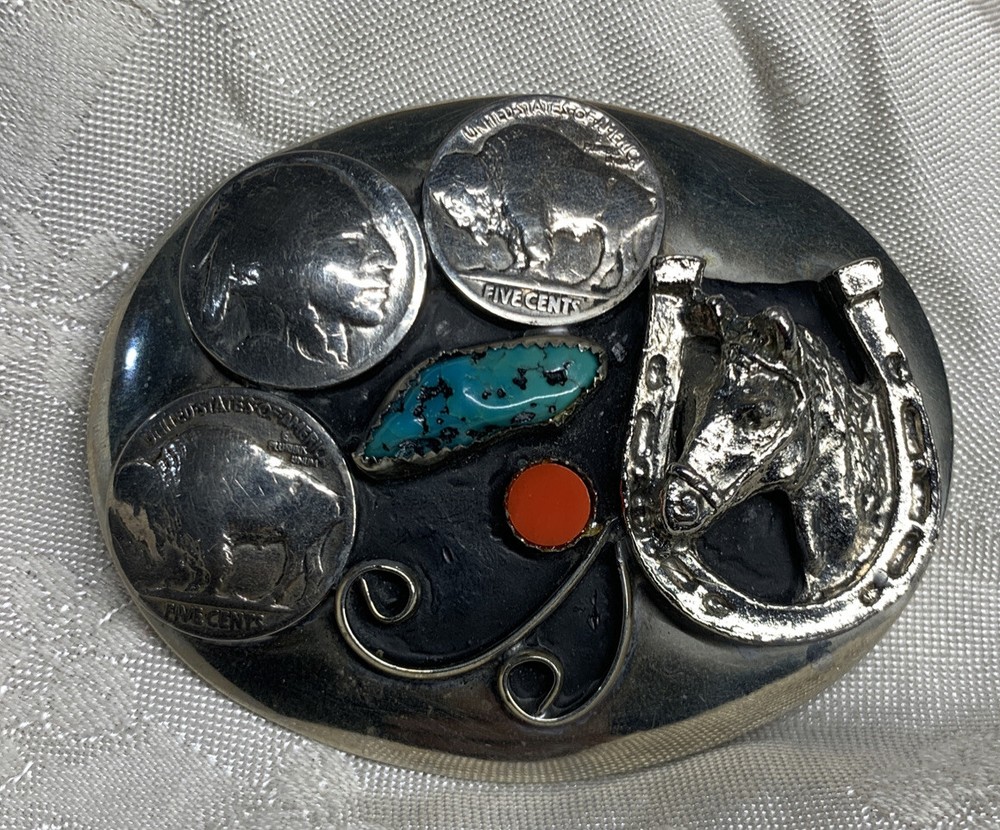Vtg American Belt Buckle Genuine Turquoise Coral 3 Buffalo Nickels, Horse & Shoe