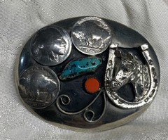 Vtg American Belt Buckle Genuine Turquoise Coral 3 Buffalo Nickels, Horse & Shoe