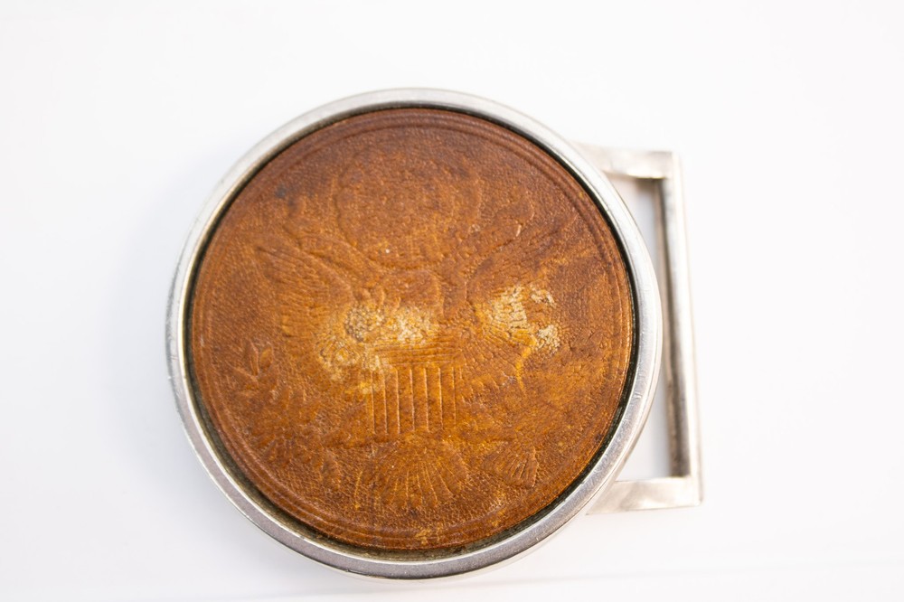 70s Round Tooled Leather American Eagle Great Seal Belt Buckle Chrome Frame