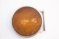 70s Round Tooled Leather American Eagle Great Seal Belt Buckle Chrome Frame
