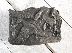 1977 Belt Buckle Bergamot Brass Works Vintage Collectible Metal Ducks Birds Hunt