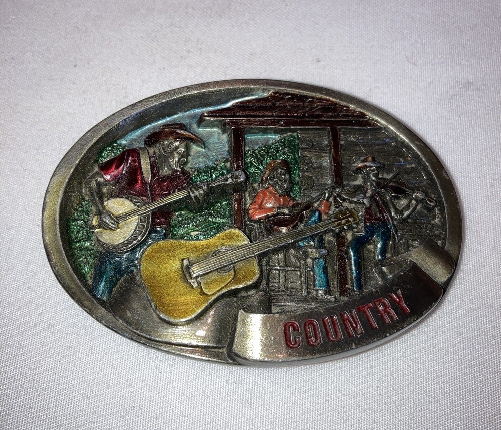 Vintage Country Pickers 1986 C & J inc Belt Buckle Enamel Guitar Players #1446