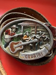 Country Music C & J Belt 1446 Enameled Metal Guitar Fiddle Banjo 1986 Leather