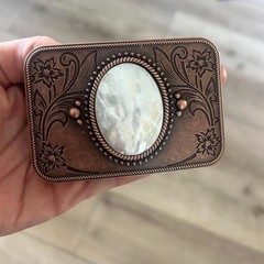 Mother of Pearl Shell Belt Buckle Bronze Engraved Floral Fits 1.5 Inch Belt