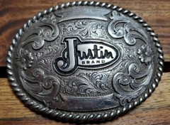 Justin Boots Brand – Silver Belt Buckle Fillagree Engraved Scroll Work Oval
