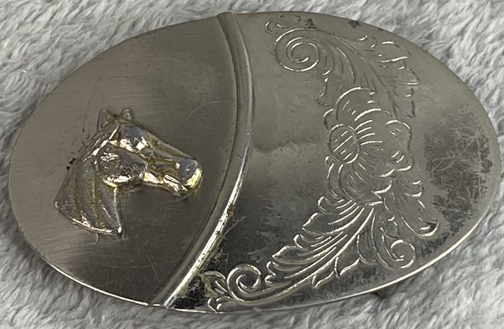 Vintage Horse Head Silver Tone 3-1/4 x 2-1/4 Oval Belt Buckle Fits 1.5 Inch Belt