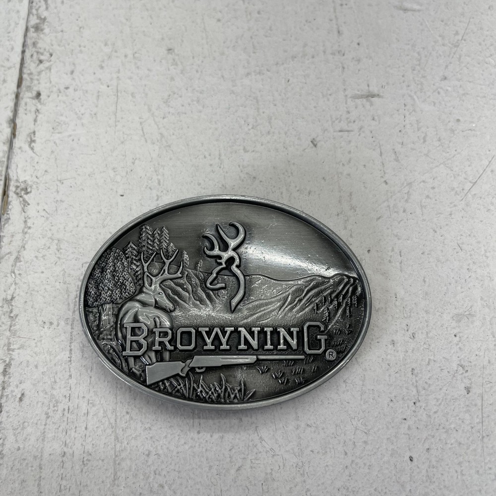 Browning Belt Buckle Mens Silver Oval Deer Rifle Mountain Hunting Logo Western
