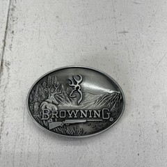 Browning Belt Buckle Mens Silver Oval Deer Rifle Mountain Hunting Logo Western