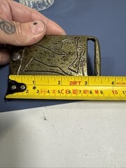 Vintage Brutalist Brass Belt Buckle Abstract Etched Figure Mid Century Modern