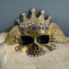 Bling Goldtone Covered Skull Belt Buckle in Clear & Purple Rhinestones