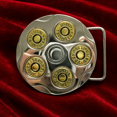 Bullet Belt Buckle Mens Spinning Revolver Cylinder Western Cowboy Gun Silver