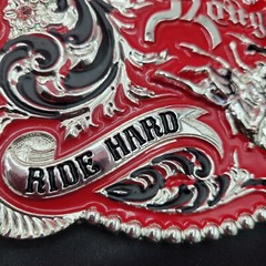 Western belt buckle 3.5×4 inches red and silver