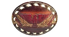 EAGLE Belt BUCKLE w/ WHITE BUCKSTITCHING Lg HANDMADE Brown LEATHER Western/Biker