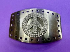 Peace Symbol Sign Rhinestone Bling Hole Border Hippy Silver Tone Belt Buckle