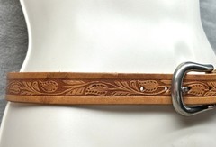 Vintage Inspired Tooled Leather Belt Silver Buckle Fits 24–28 Western Cowboy