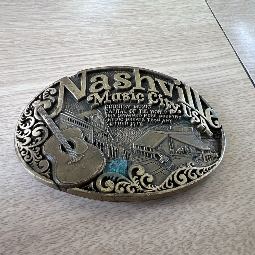 vintage NASHVILLE belt buckle WESTERN country music COWBOY guitar SOLID BRASS