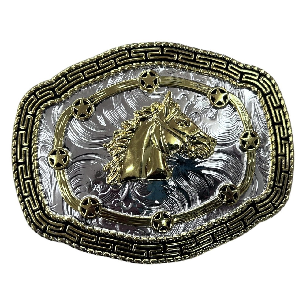 Horse Head Rodeo Belt Buckle Silver And Gold