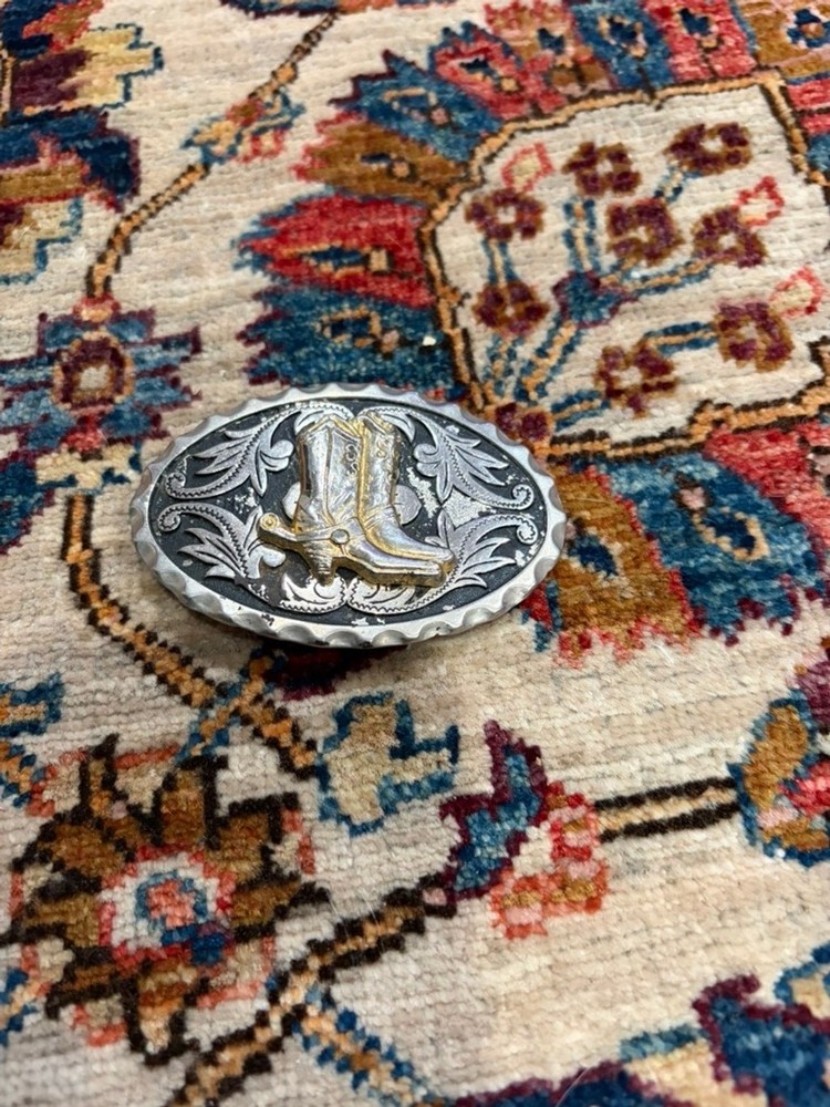 Vintage Western Cowboy Boot Belt Buckle Silver Gold Tone Engraved Rodeo