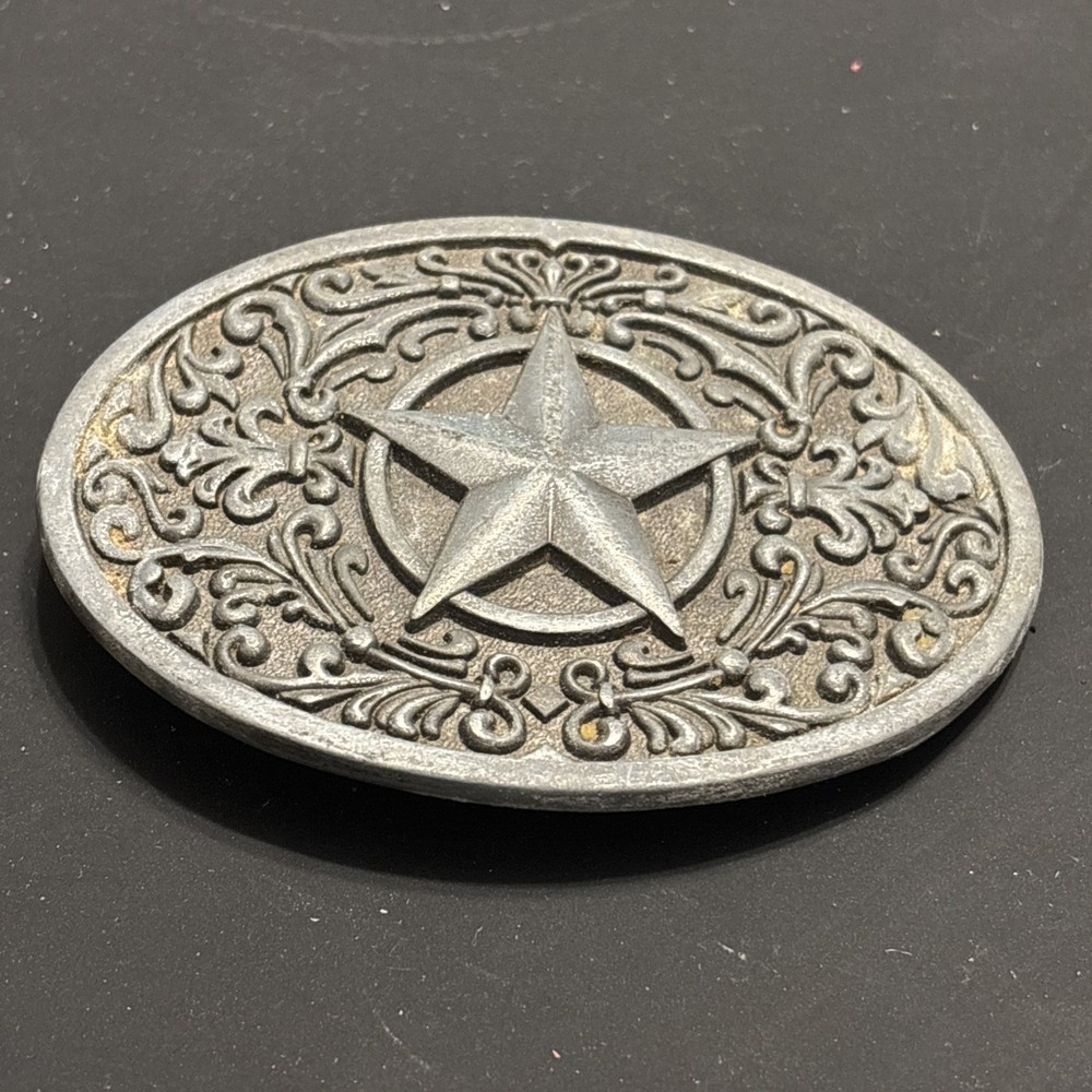 Western Texas Lone Star Oval Belt Buckle – Antique Silver Tone Filigree Floral