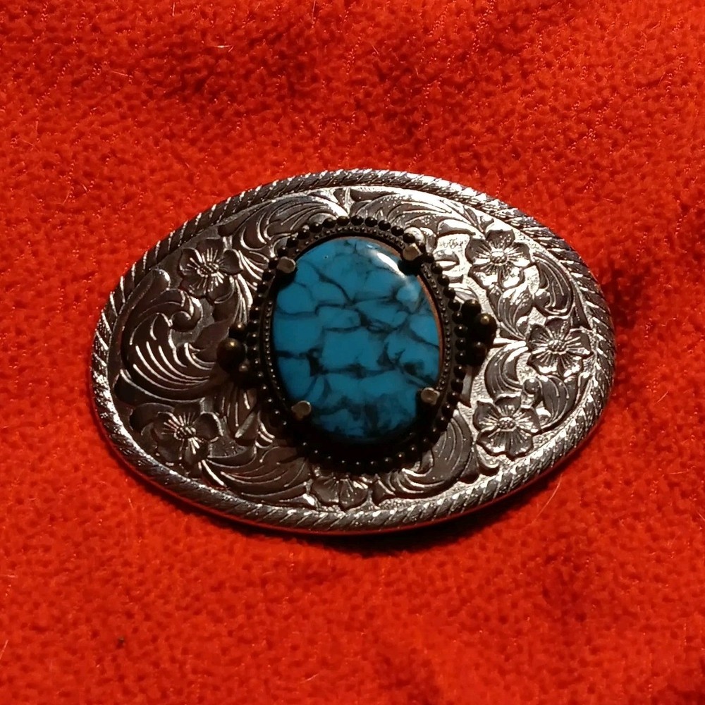 Men&rsquo;s Metal Western Oval Belt Buckle Silver Tone Floral Engraved Blue Stone