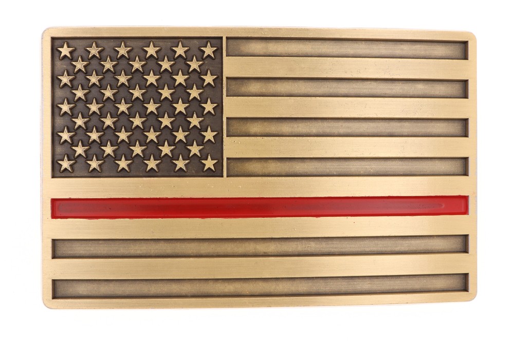 Thin Red Line Fire Fighter American USA Flag Bronze Plated Metal Belt Buckle