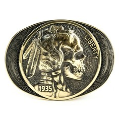 Indian chief skull brass, belt buckle, Liberty 1935 coin, Chief Indian head