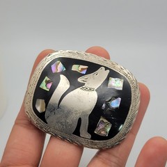 Mexican Alpaca Silver Belt Buckle Howling Wolf Coyote Black Enamel Abalone Inlay