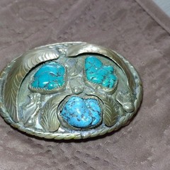 Vintage Native Made Men&rsquo;s Western Oval Silver Belt Buckle w/ Torquoise Stones