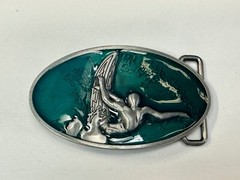 Surfer Riding A Wave Hang 10 Oval Aqua Ocean Sea Blue Color Belt Buckle