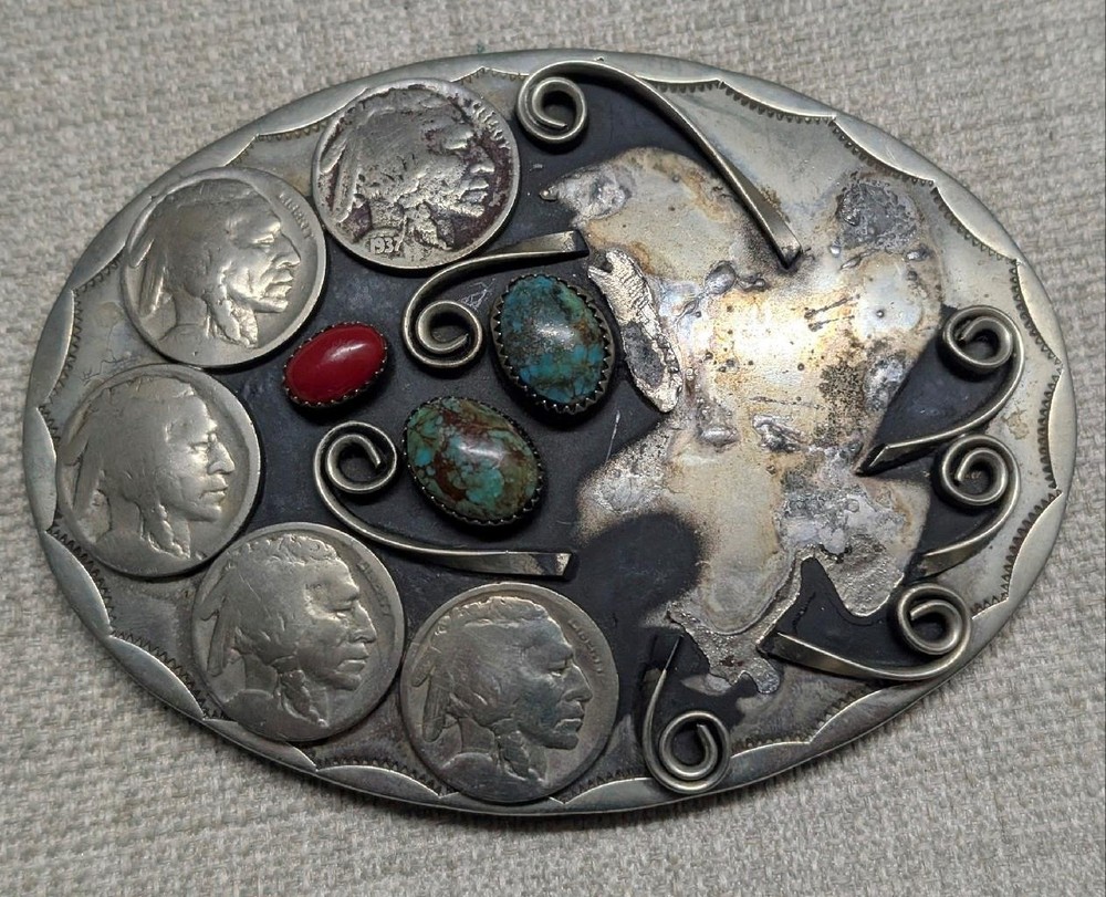 vintage HANDCRAFTED belt buckle INDIAN HEAD native american TURQUOISE nickel