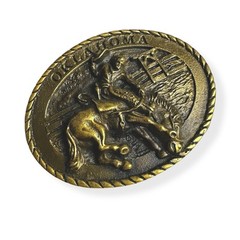 VTG 1980 Brass All Around Cowboy Oklahoma Western Bucking Horse Belt Buckle 3.5”