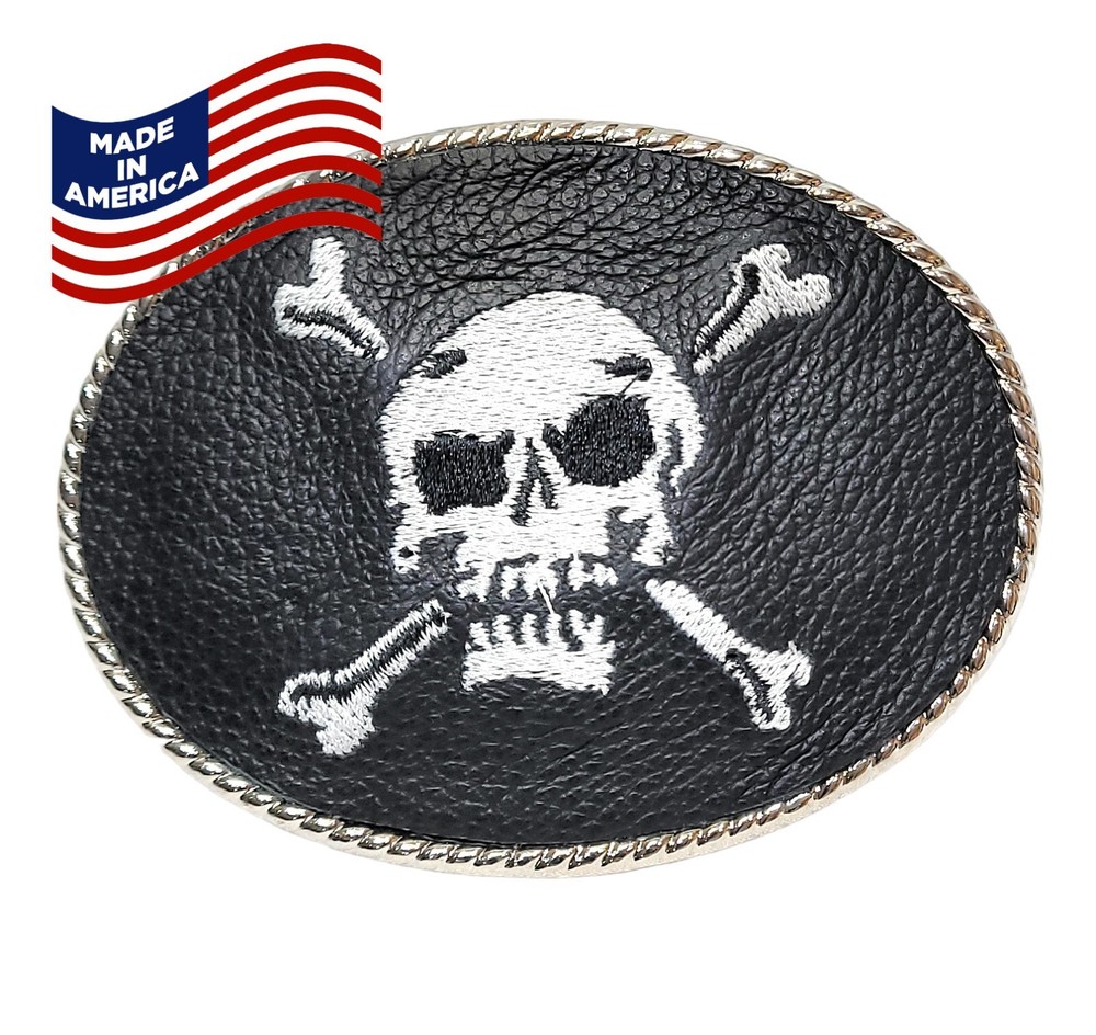 Mens LEATHER Belt Buckle Skull and Crossbones Biker Trucker 1.5&Prime; Made in USA NEW