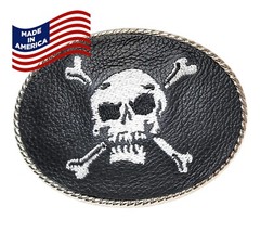 Mens LEATHER Belt Buckle Skull and Crossbones Biker Trucker 1.5&Prime; Made in USA NEW