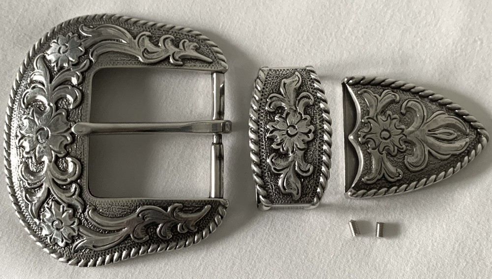 BELT BUCKLES 3pc Buckle Set 1.5 inch Western Floral Scroll Rope Edge Silver NWOT