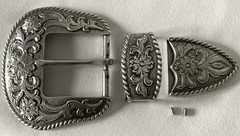 BELT BUCKLES 3pc Buckle Set 1.5 inch Western Floral Scroll Rope Edge Silver NWOT
