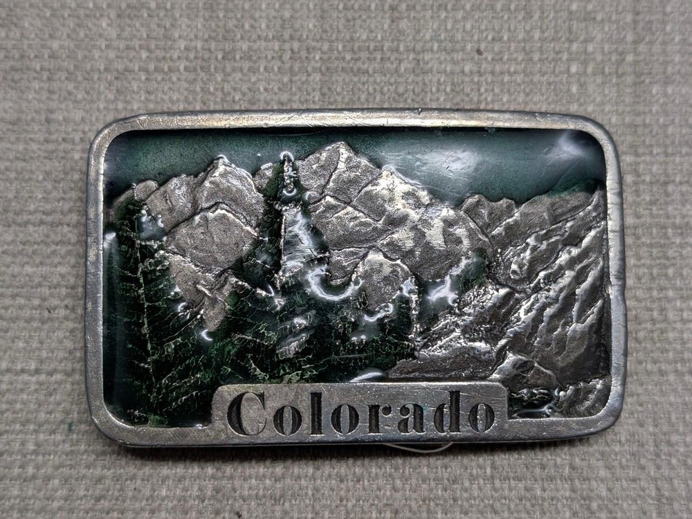 1970s vintage COLORADO belt buckle MOUNTAINS enamel WESTERN nature cowboy