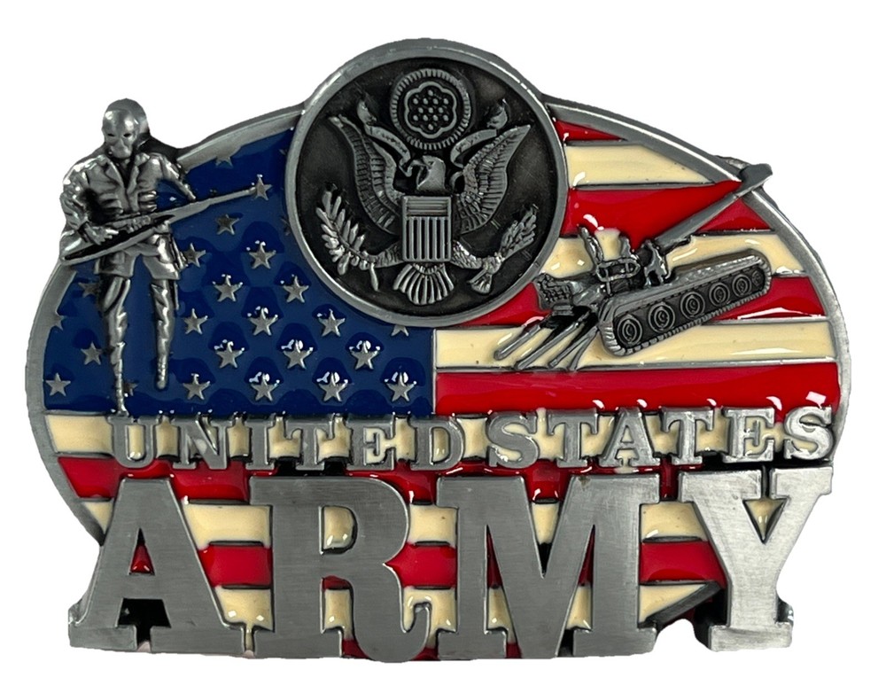 United States Army Belt Buckle American Soldier Silver Tone U.S. Flag