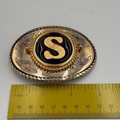 Vintage Western Belt Buckle Gold Tone Initial S Black Enamel Oval Made in USA