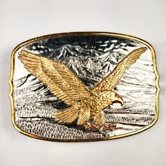 Vtg Flying Eagle 24K Gold Silver Plated Mountain Scenery Two Tone Belt Buckle