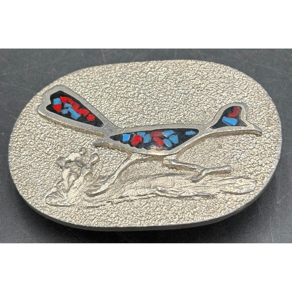 Vtg Siskiyou 1979 Roadrunner Belt Buckle BB787 Red Blue Chip Inlay Silver Tone