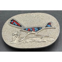 Vtg Siskiyou 1979 Roadrunner Belt Buckle BB787 Red Blue Chip Inlay Silver Tone