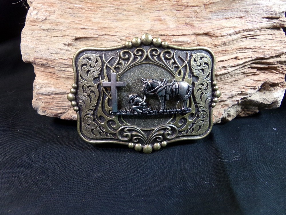 Men&rsquo;s Belt Buckle &lsquo;Cowboy Prayer,&rsquo; Brass with Silver Tone Cowboy, Horse & Cross