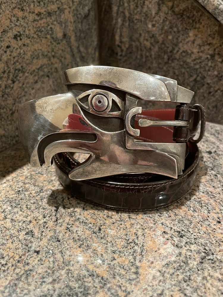 Huge! RARE! Kieselstein Sterling Eagle/Hawk Buckle W/Brown Alligator Belt Size 2