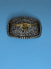 Btilasif Silver Tone Filigree Belt Buckle w/Gold Tone Texas Longhorn