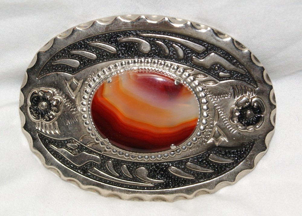 Vintage Silver Color Western Stamped Belt Buckle w/ Agate (red, orange, white)