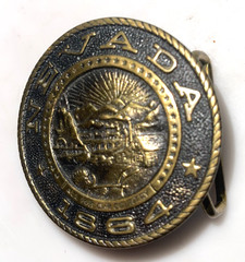 Nevada Vintage Brass Belt Buckle 1864 « All For Our Country » Bank of Nevada Issue